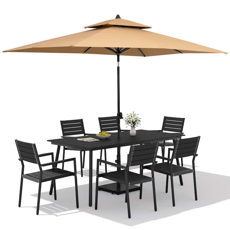 9PC Outdoor Patio Dining Set Wood-Like Aluminum Table with Stackable Armchairs,Double Top Market Umbrella and Wheel Base