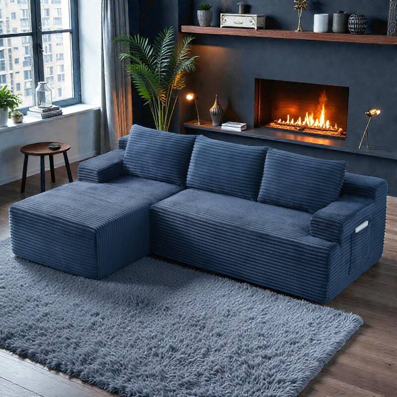 L Shaped Cloud Sectional Sofa with Deep Seat, Corduroy Modular Sleeper Couch, No Assembly Required - Blue