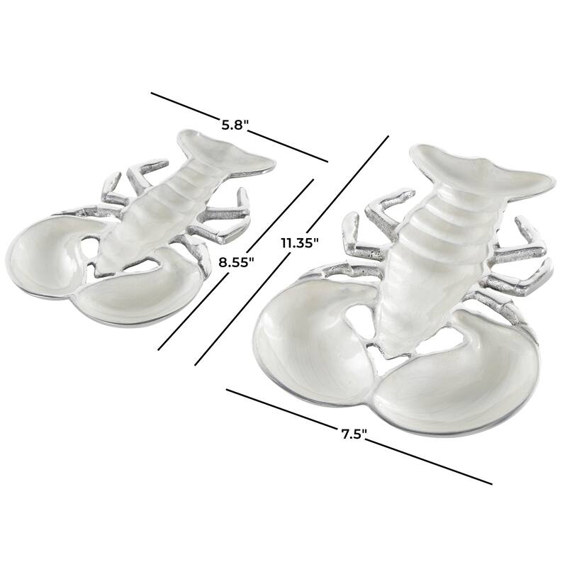 Aluminum Metal Lobster Enameled Serving Bowl with Silver Metal Exterior - Set of 2 Silver, Teal, Blue - Roche River Decor