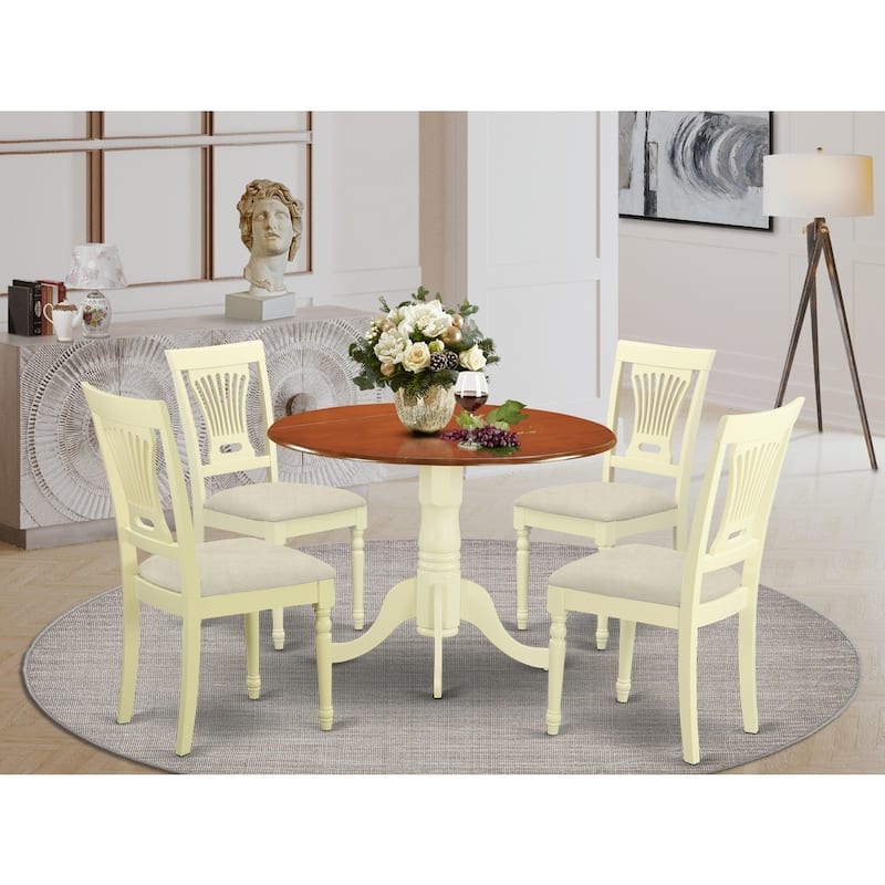 Dinette Set for 4 - 5 Piece Kitchen Table Set with Chairs - Round Dropleaf Table - Linen Fabric Dining Chairs