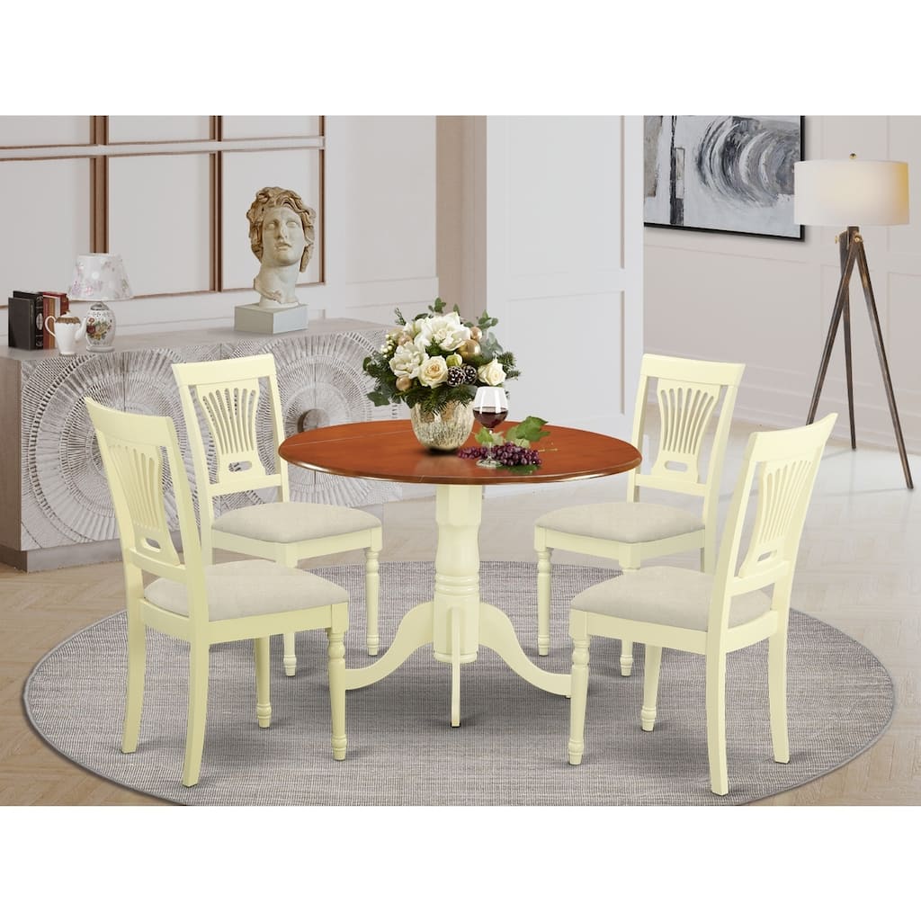 Dinette Set for 4 - 5 Piece Kitchen Table Set with Chairs - Round Dropleaf Table - Linen Fabric Dining Chairs