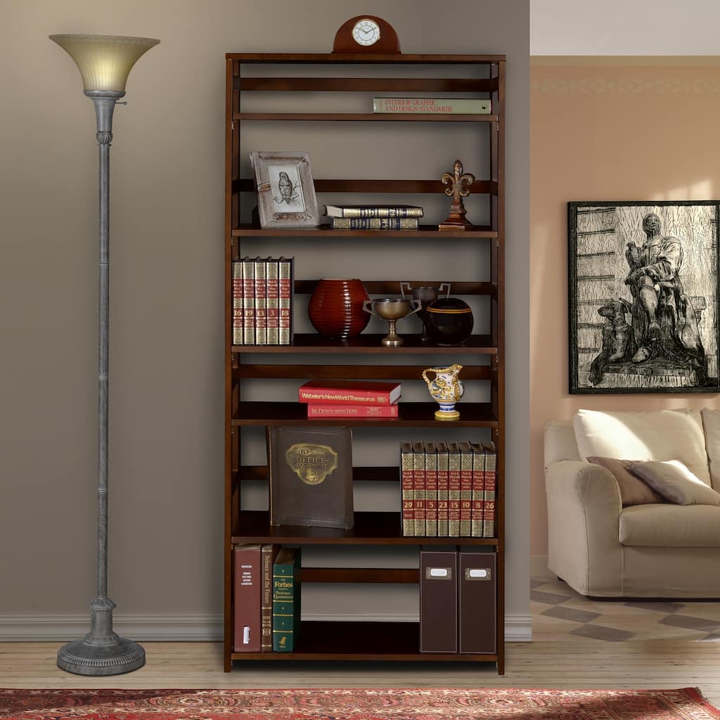Folding Bookcase Shelf - 67" Tall Bookcase, Storage Organizer, Mocha Walnut Finish