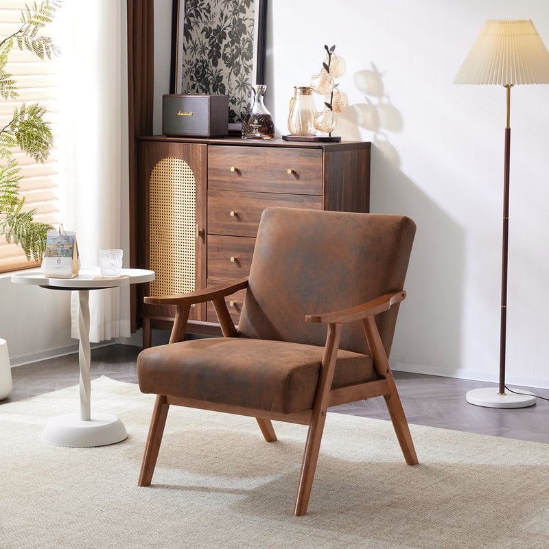 VINGLI Mid-Century Retro Modern Upholstered Lounge Chair Fabric Accent Chair Sturdy Wooden Frame Armchair - Brown
