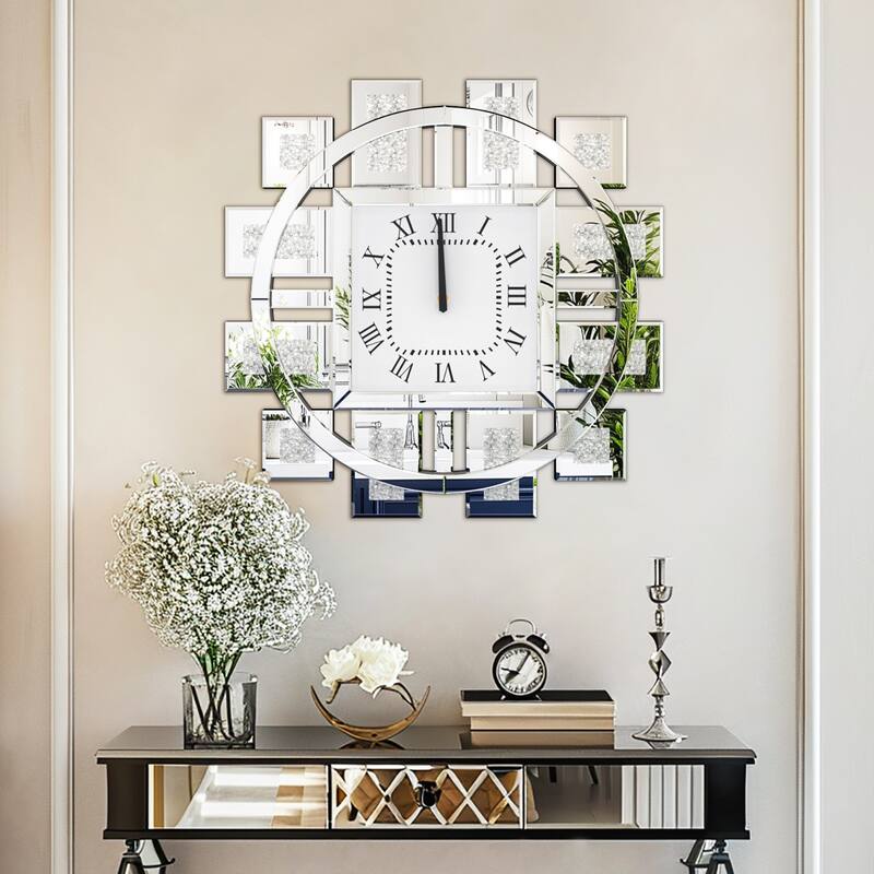 Gold/Silver Irregular Luxury Mirrored Wall Clock w/Crushed Diamond Inlay - 23.62x23.62 inch - Silver