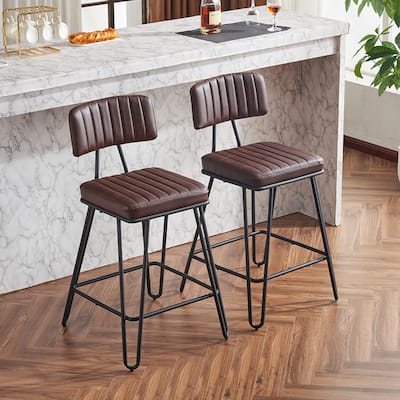 Industrial Style Bar Stools Set of 2, Faux Leather Bar Chairs with Metal Frame,Counter Height for Kitchen Island