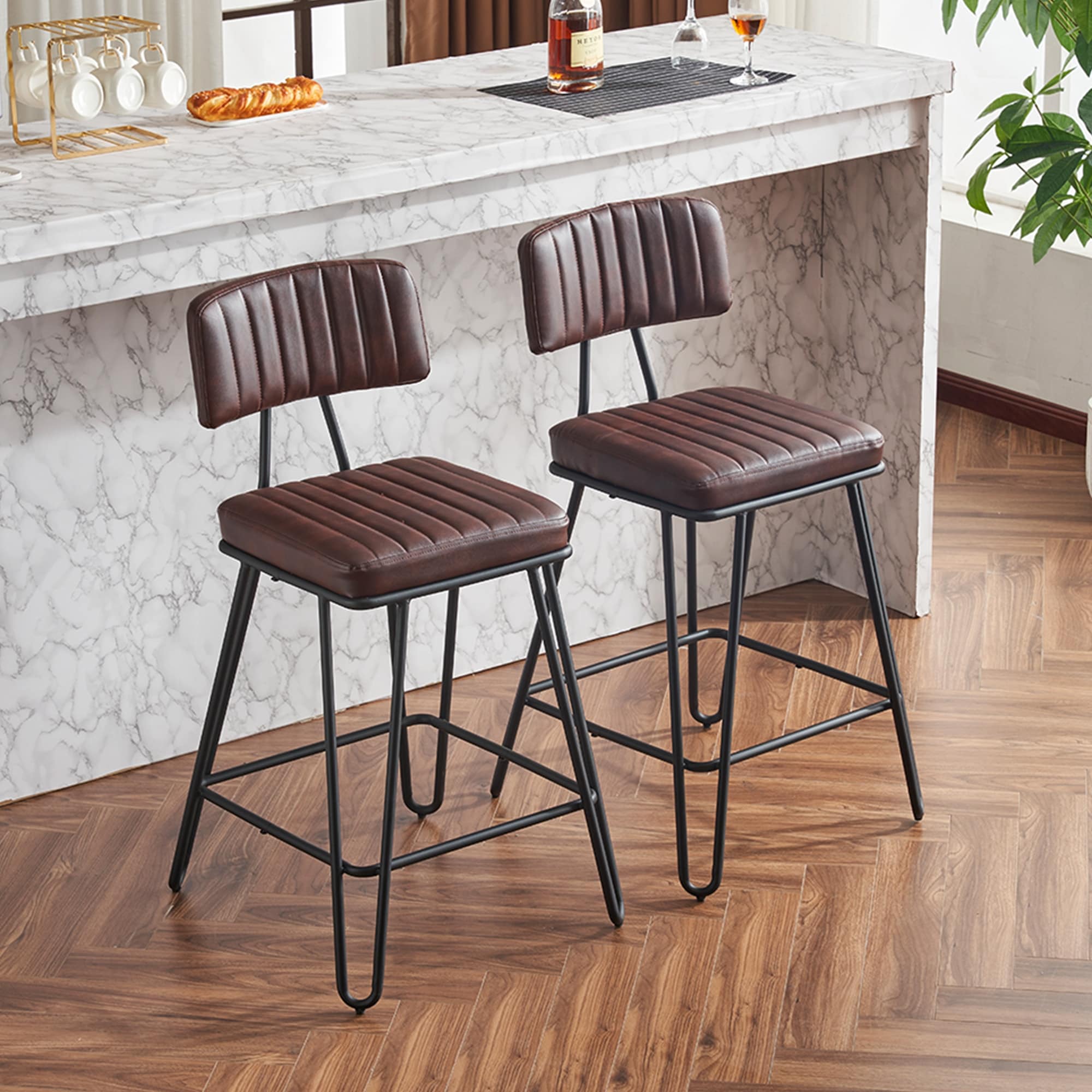 Set of 2 Industrial Counter Height Bar Stool with PU Leather Cushion & Metal Frame, Vintage Bar Chair with Backrest & Footrest