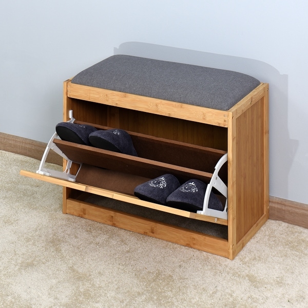 Entryway Bamboo Bench Living Room Storage Shoe Rack with Foldable