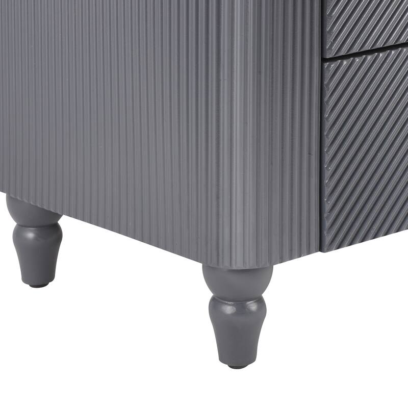 Mid-Century Fluted 3-Drawer Nightstand - Curved Profile + Gold Glossy Handles, Easy Assembly (Dark Gray)