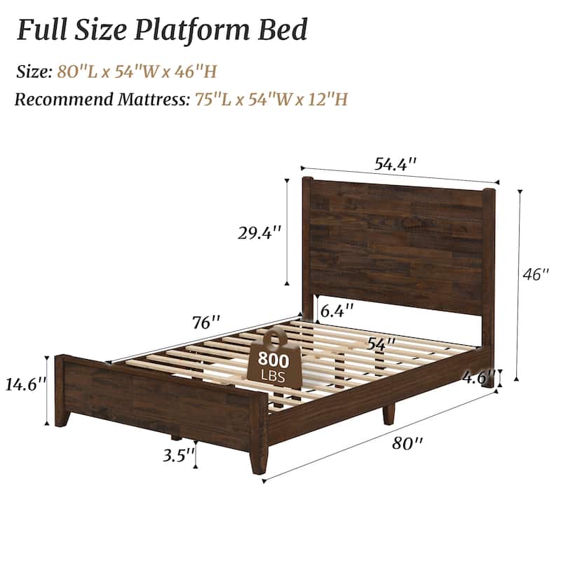 LUE BONA Pine Platform Bed with Distressed Headboard, Solid Wood Queen Bed Frame/King Bed Frame/Full Bed Frame