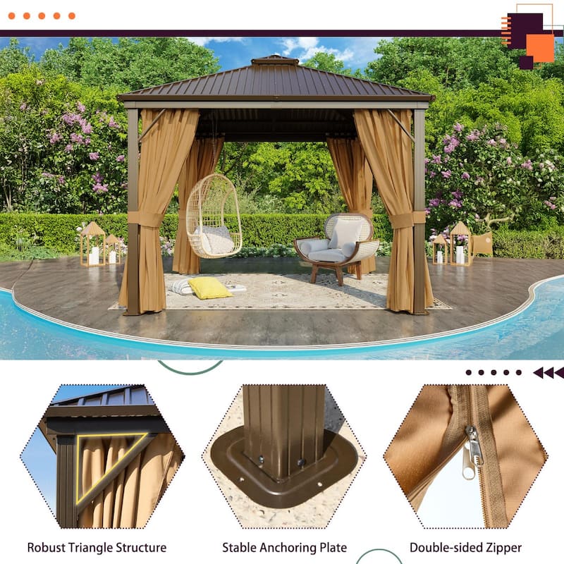 Erommy Hardtop Gazebo with Aluminum Frame and Double Roof, Permanent Outdoor Gazebo Includes Curtains&Netting for Patio Backyard