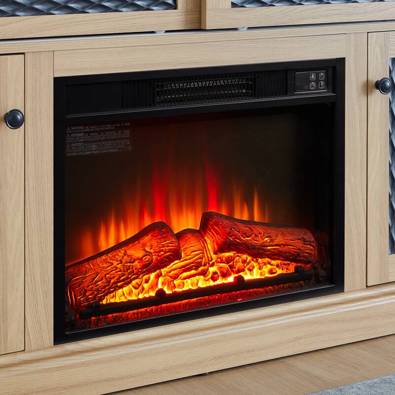 Modern Fireplace TV Stand with Sliding Door, Open and Closed Storage Space, for Living Rooms and Bedrooms, Light Oak