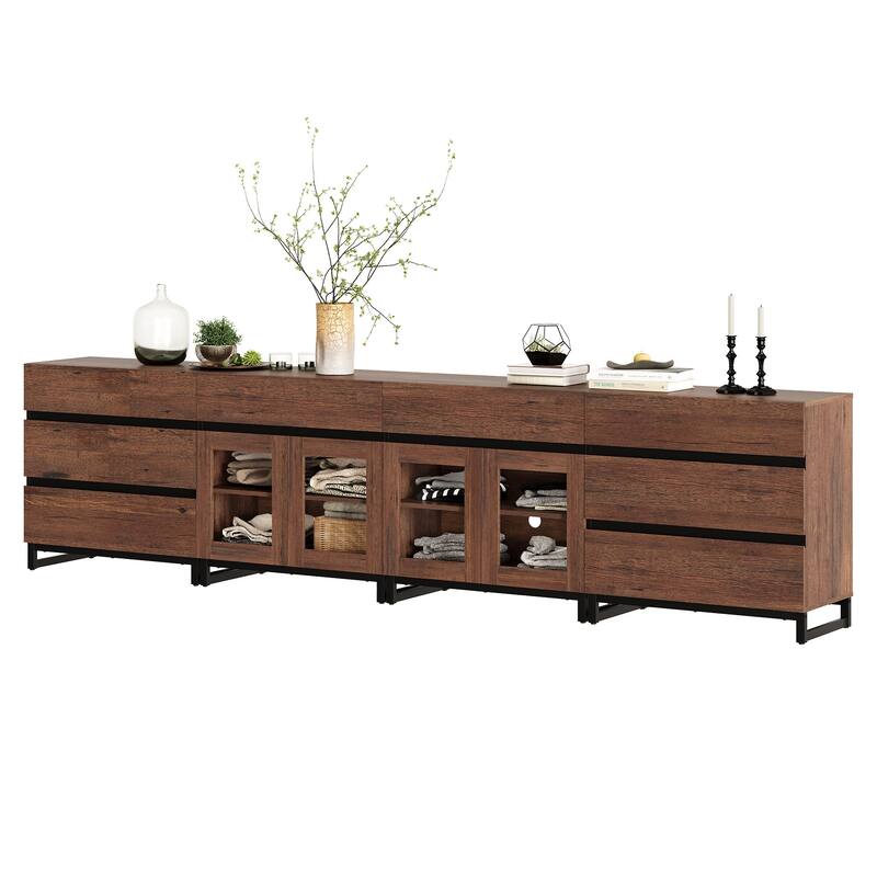 4 in 1 Sideboard with 8 Glass Doors & Drawers, Adjustable Shelf, Metal Base. Coffee Bar Storage for Living Room, Kitchen