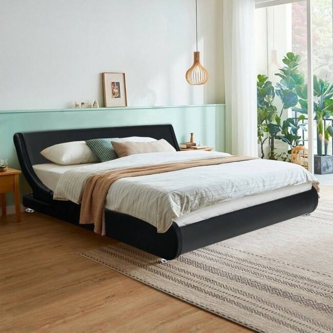 Full/Queen Modern Faux Leather Upholstered Platform Bed Frame Black