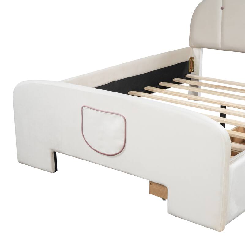 Adorable Velvet Platform Bed for Kids, Bunny Design with Drawers and Bed-End Storage Pockets, Twin/Full