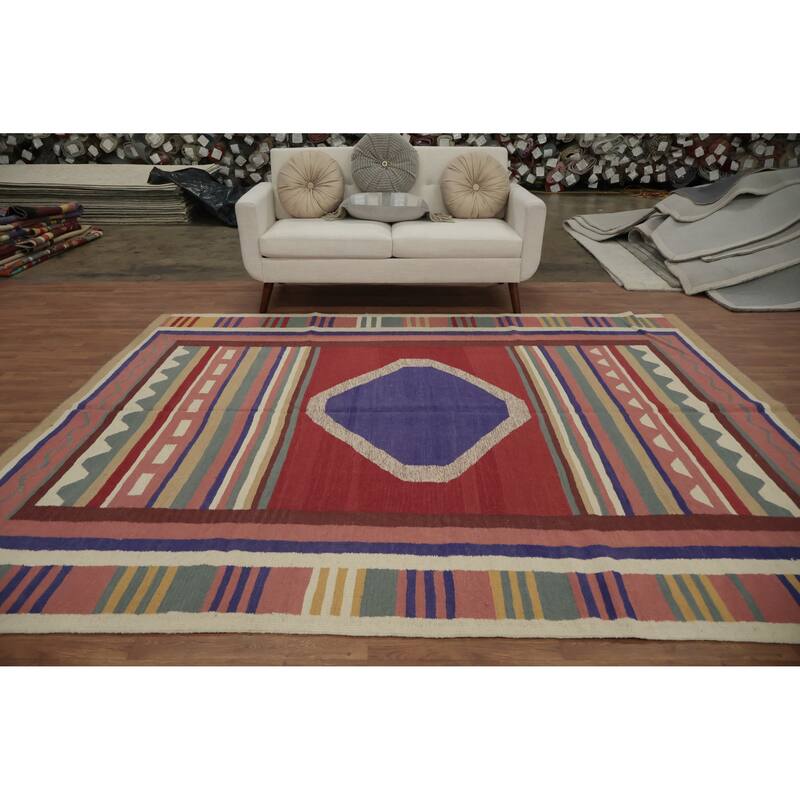 Hand Woven Oriental 100% Wool Carpet Southwestern Tribal Multi-Colored Kilim Area Rug - 9' 8'' X 7' 11''
