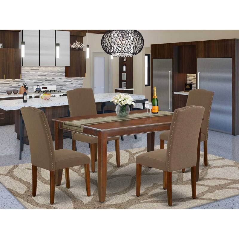 HomeStock 5-Piece Rectangle Mahogany Finish Solid Wood Top Dining Table with 4 Parson Chair