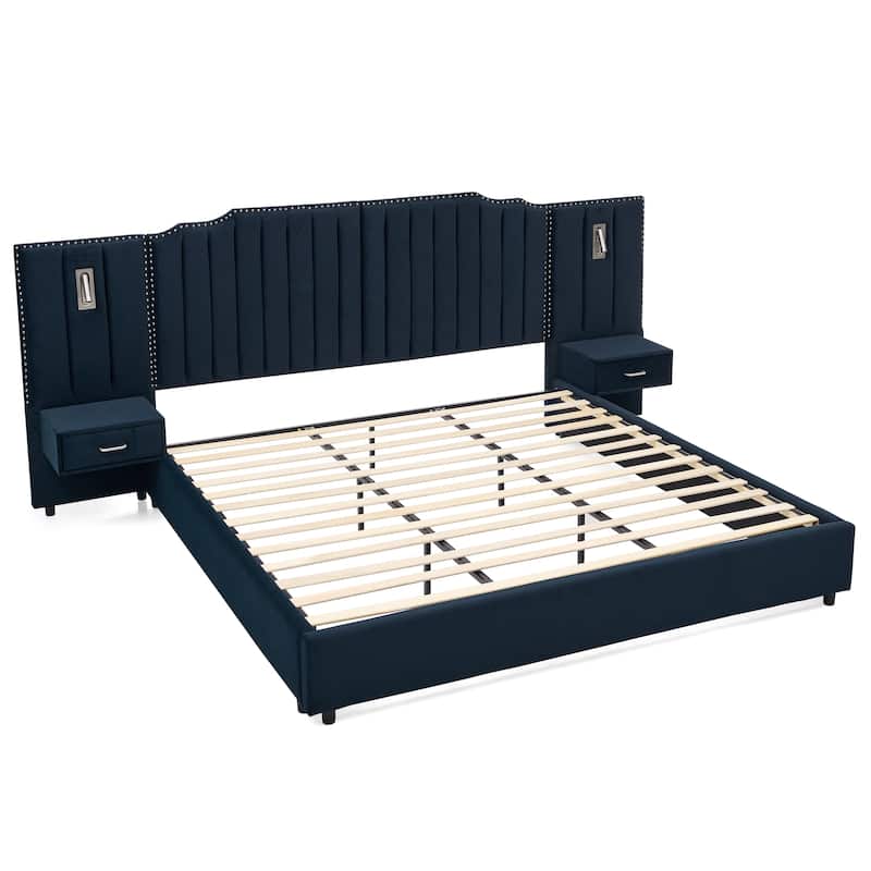 King-Size Velvet Upholstered Bed with Nightstand