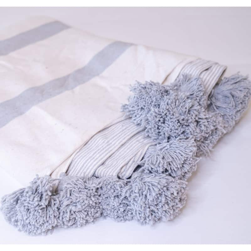 Handwoven Moroccan Blanket Throw with Pom Pom in Grey/Off-White - On ...