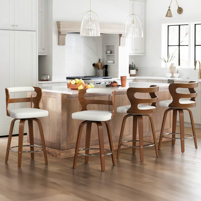 26"H Modern Walnut Swivel Counter Height Stool, Bar Stools with Back Set of 4 - 26" H - White/Walnut