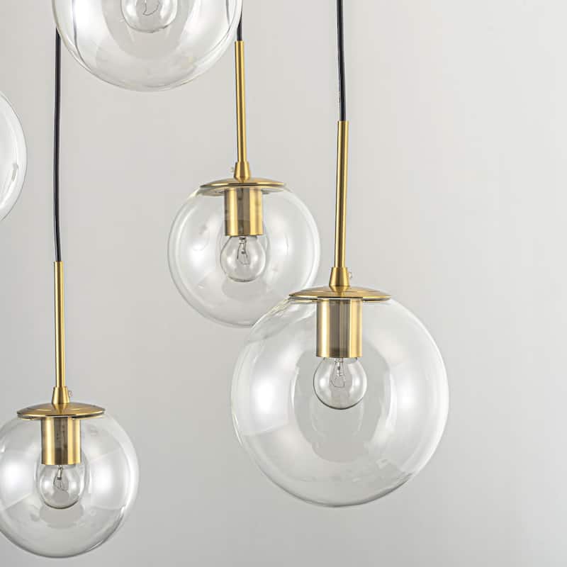 7-Light Modern Linear Cluster Gold Clear Glass Globe Bubble Chandelier Light for Stairways - 23.62 in. W x 47.24 in. H