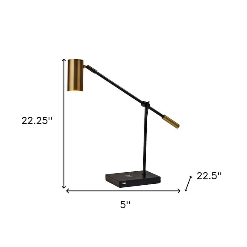 HomeRoots 22" Black Metal Swing Arm LED Desk Lamp With USB And Antiqued Gold Cylinder Shade - 5 x 22.5 x 22.25