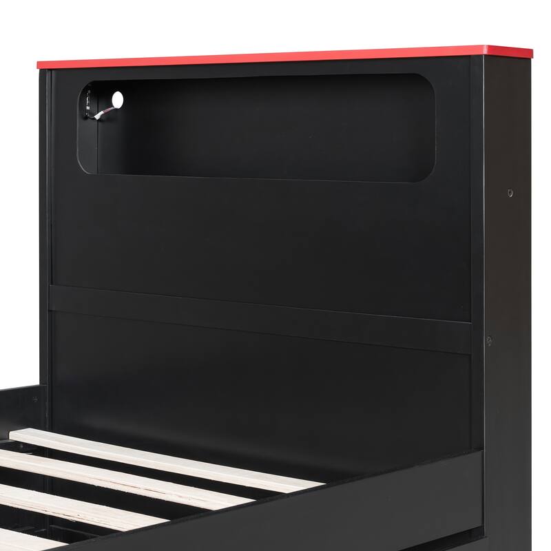 Wood Daybed with Trundle & Built-in Desk, LED Lights & USB Charging Port, Available in Full or Twin