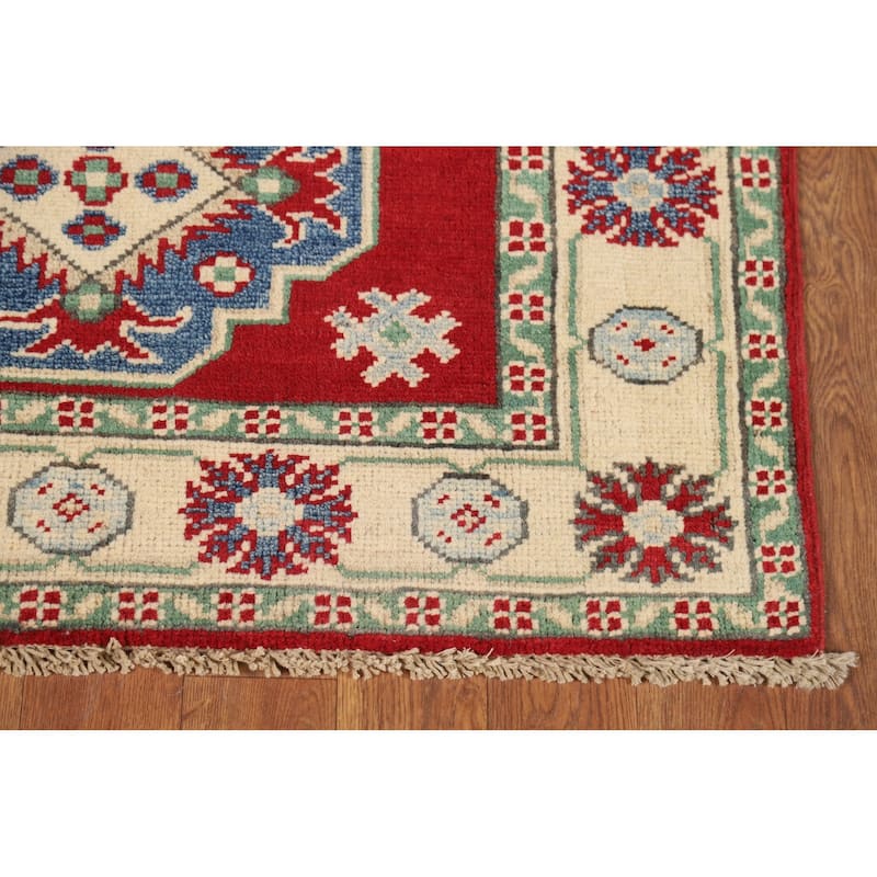 Red Kazak Foyer Rug Handmade Geometric Oriental Wool Carpet - 2'9"x 3'9"