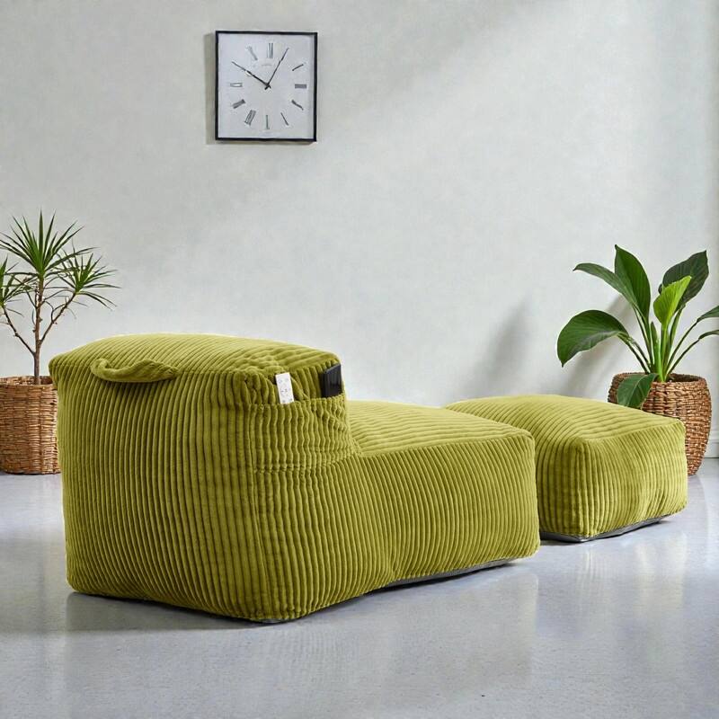 Large Memory Foam Bean Bag Chair for Adults, Corduroy Lounger Sofa with Ottoman