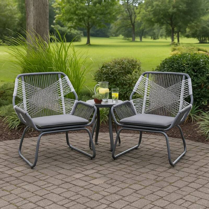 Meny Outdoor Club Chair Set of 2, White Rattan Woven, Matte Gray Metal