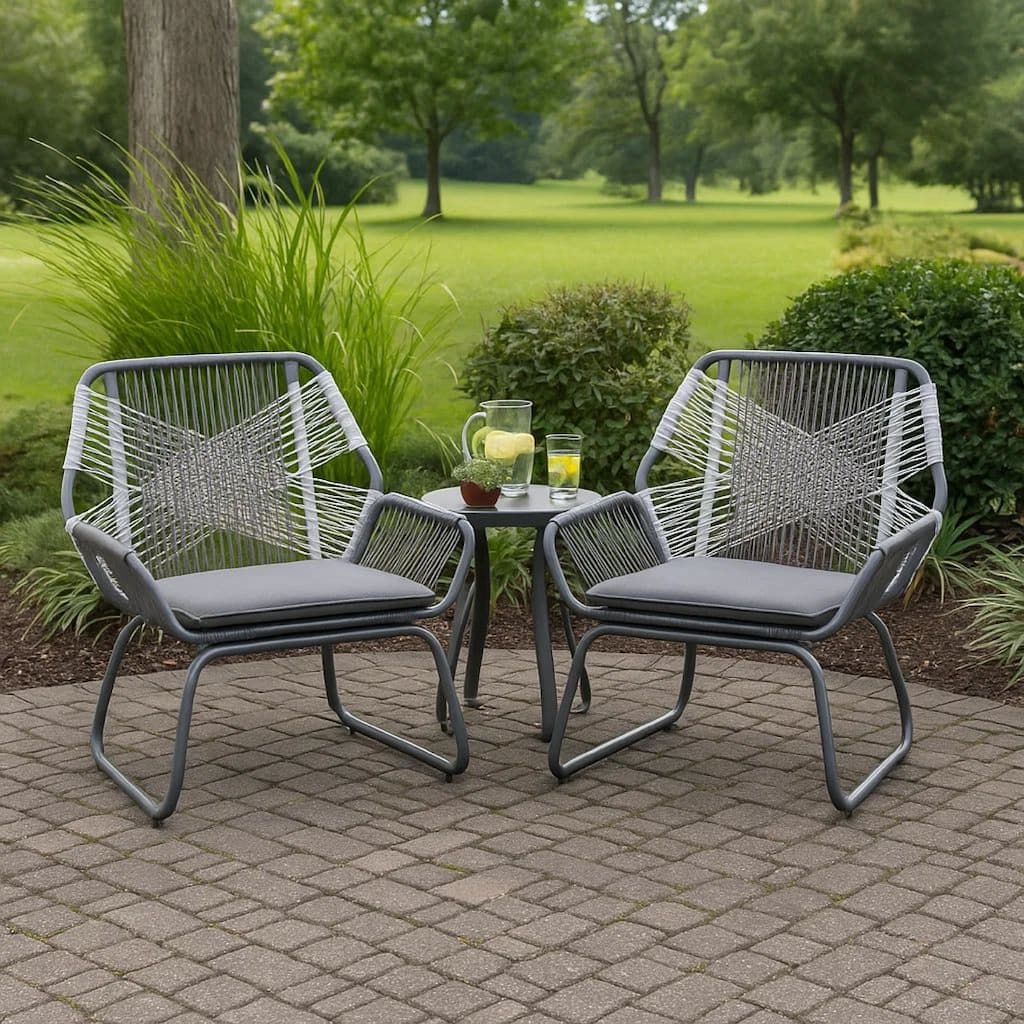Meny Outdoor Club Chair Set of 2, White Rattan Woven, Matte Gray Metal