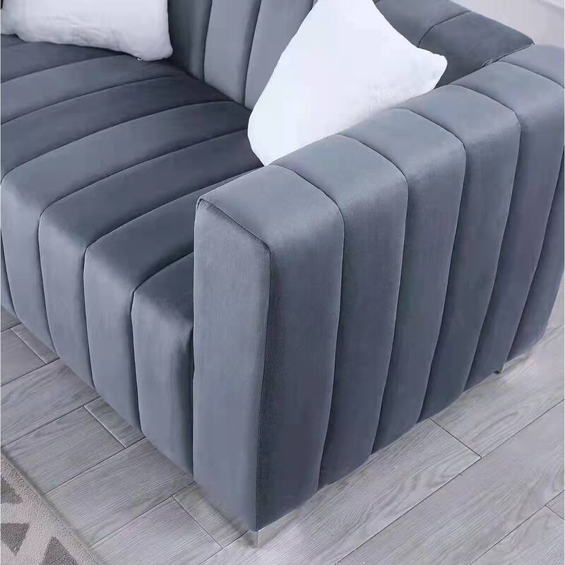 Velvet Channel Tufted 3-seater Sofa with Pillows