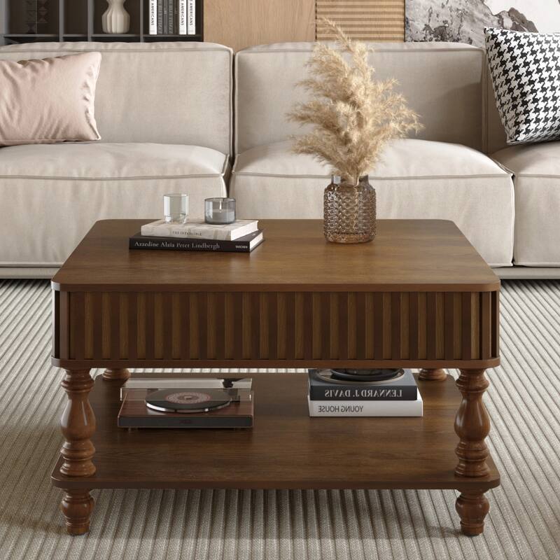 Modern Solid Wood Veneered Round/Oval/Rectangular Coffee Tea Table with Storage. - Walnut Brown-Square