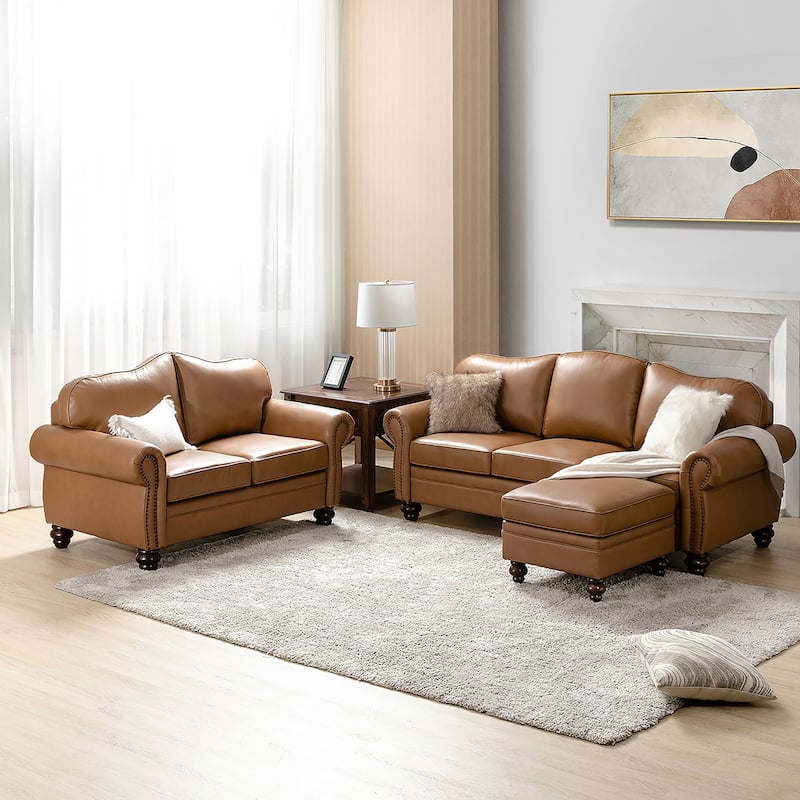 Filomena Transitional 5 Piece Genuine Leather Living Room Set Sofa with Rolled Arms by HULALA HOME - Camel