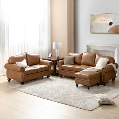 Filomena Transitional 5 Piece Genuine Leather Living Room Set Sofa with Rolled Arms by HULALA HOME