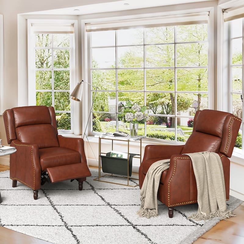 Modern Genuine Leather Recliner Chairs Push Back Adjustable Recliners with Comfortable Arms Set of 2