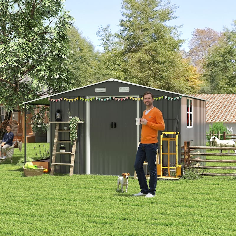 10x12 Ft Outdoor Storage Shed, Extra Large Metal Shed with Lockable Doors, Windows, Outside Steel Tiny House Ideal