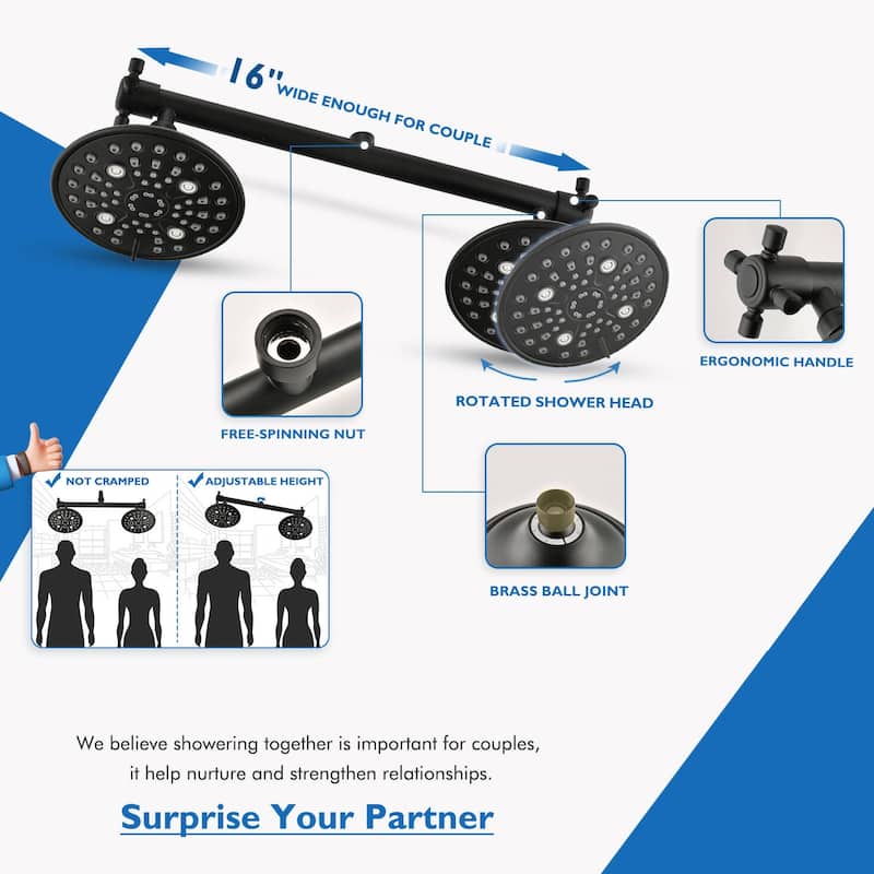 Double Shower Head with Built-in Valve, 6 Setting Dual Shower Head Design for Couple
