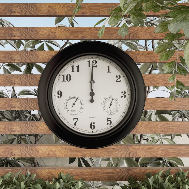 Indoor Outdoor Clock Thermometer Combo - 18-Inch Waterproof Outdoor Wall Clock with Temperature and Humidity by Pure Garden