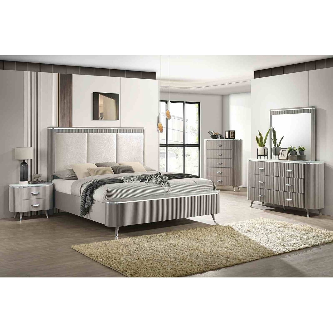 Contemporary Light Gray Finish Upholstered Bedroom Furniture Bed Dresser Mirror Nightstand Chest