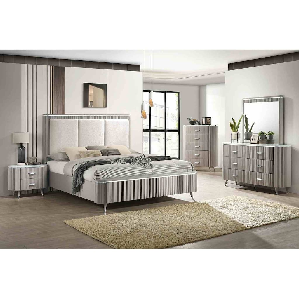 Contemporary Light Gray Finish Upholstered Bedroom Furniture Bed Dresser Mirror Nightstand Chest