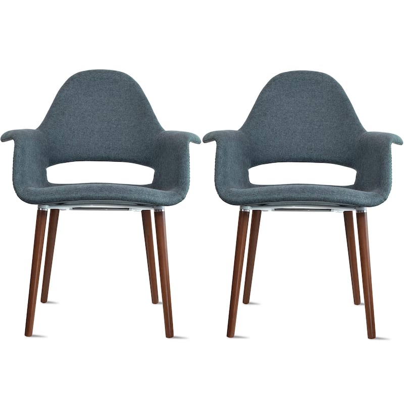 Set of 2 Organic Upholstered Fabric Modern Armchairs with Dark Walnut Brown Wooden Legs for Dining Room Office or Accent Chair - Navy