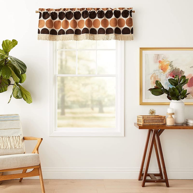 Violet Linen Deluxe Chenille Jacquard Circle's design, 60" x 15", Straight, Rod Pocket Curtain Valance - Gold / Brown