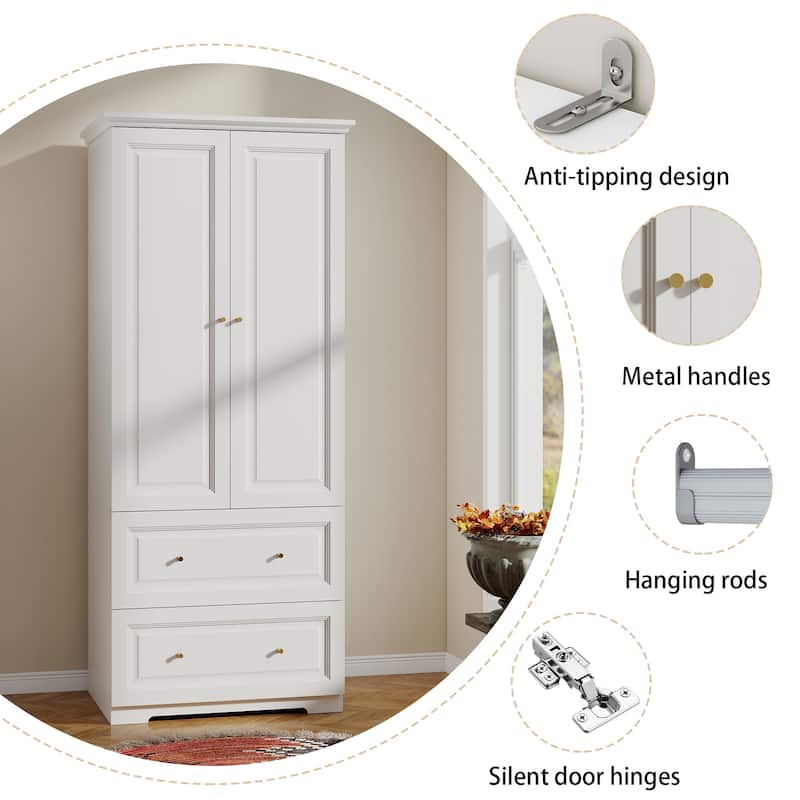 74" Armoire Wardrobe Closet with 2 Drawers for Bedroom
