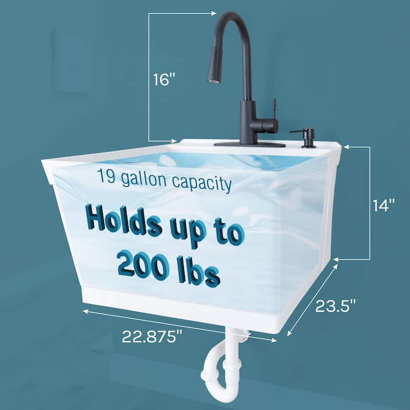 TEHILA 19-Gallon Wall-mounted Utility Sink 22.88 in. W Laundry Tub with Pull-down Faucet