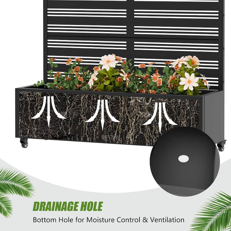 Metal Galvanized Planter Box with Trellis Privacy Screen Lockable Wheels Set of 2
