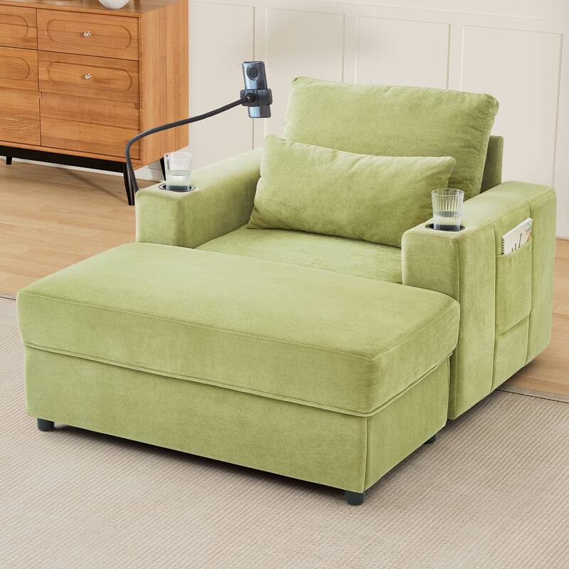 Anmytek Green 42.5 Inch Modern Chaise Lounge with Movable Storage Ottoman Dual USB Ports Phone Holder Side Pockets