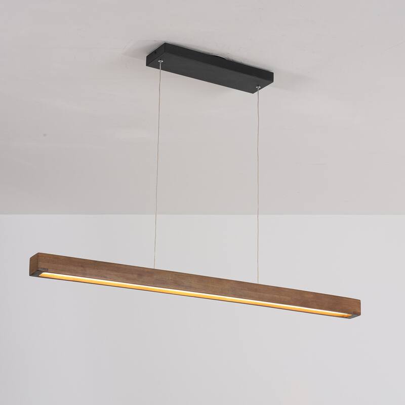 25-Watt Modern Brown Long Linear Walnut Wood Integrated LED Island Chandelier for Kitchen, Dining Room - Black/Brown - 39.37 in. W x 1.97 in. H x 1.77 in. D