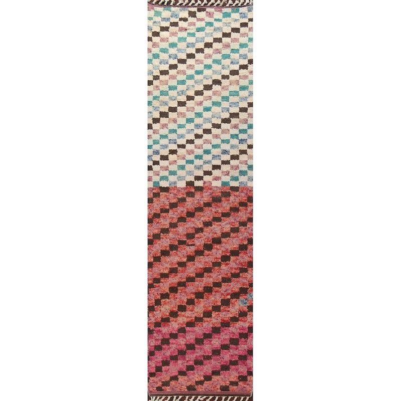 Modern Checkered Moroccan Oriental Wool Runner Rug Hand-knotted Carpet - 2'11" x 12'10"