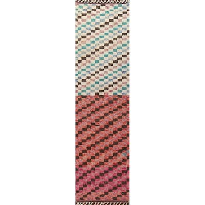 Modern Checkered Moroccan Oriental Wool Runner Rug Hand-knotted Carpet - 2'11" x 12'10"