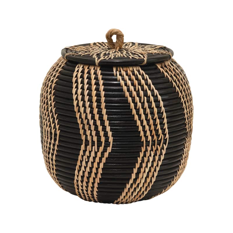 Hand-Woven Rattan Basket with Lid - Black